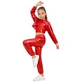 thumbnail image 2 of Hansber Kids Girls Shiny Metallic Hoodie Crop Top with Cami Vest and Pants Hip Hop Jazz Dance Outfit Red 10, 2 of 7
