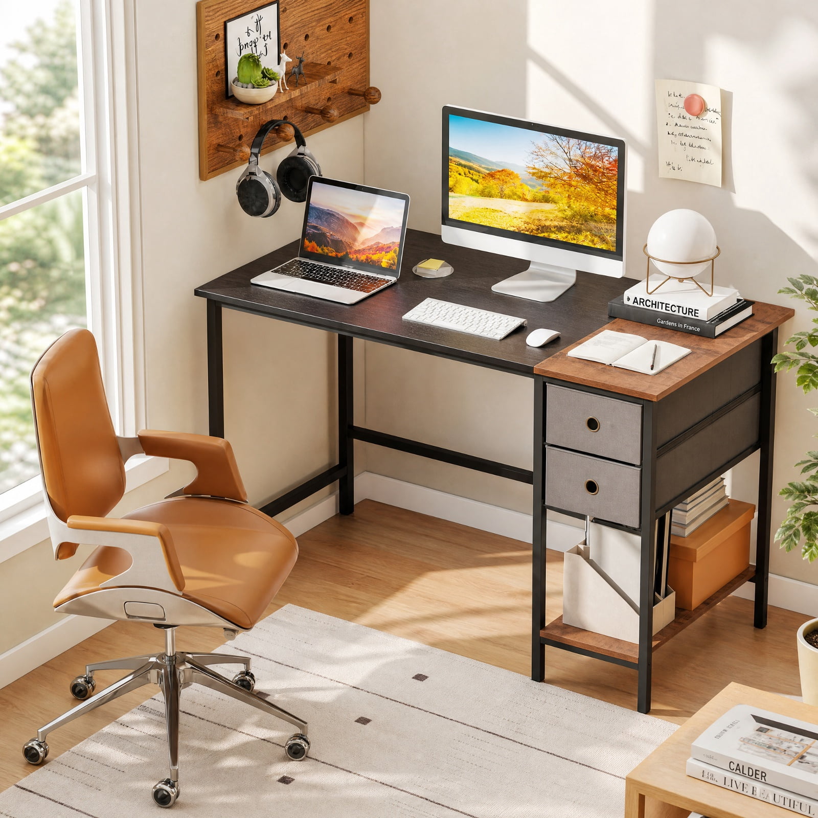 Furnibear 48 Inch Computer Desk with 2 Fabric Drawers Industrial Home Office Desk for Home Office Study Computer Writing Workstation, Black