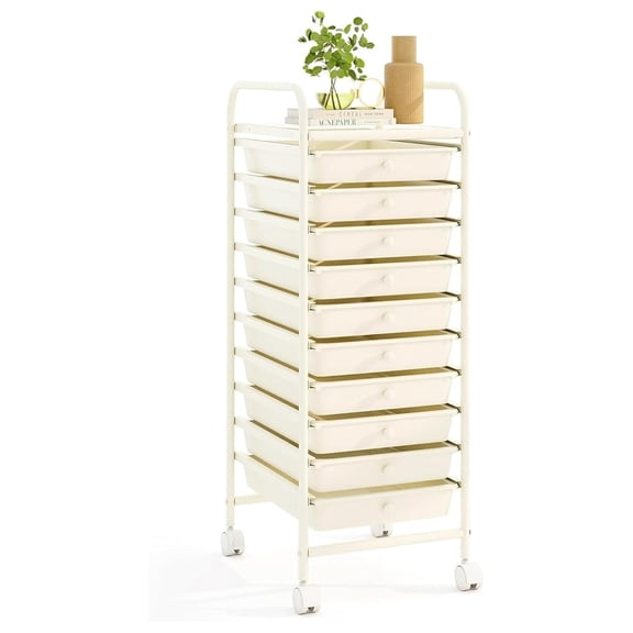 10 Drawer Rolling Cart - Slim Storage Cart w/Lockable Wheels for Classroom School Teacher Office, Art Supplies Paper Scrapbook Organizers, Utility Cart with Drawers (White)