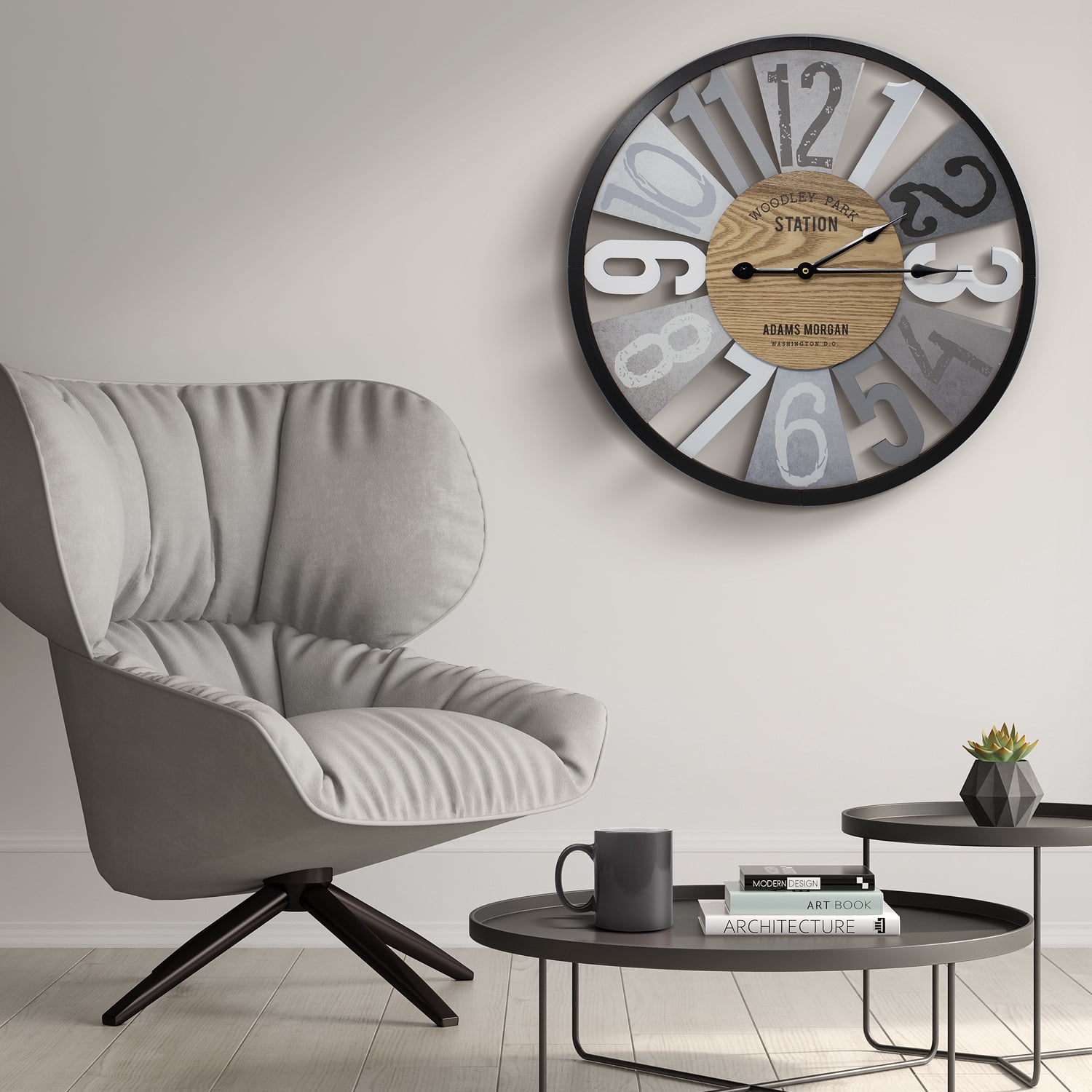 Sorbus Wall Clock Decorative , 24”, Battery Operated, Decorative for Kitchen, Bedrooms, Office Living Room, Silent Analog Clock, Woodley Park Station Text, Rustic Modern Farmhouse Decor, Wooden, Metal