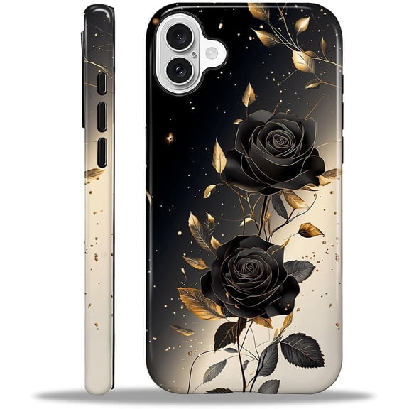 Case for iPhone 16 Plus, Hybrid Heavy Duty 2 in 1 Full Body Rugged Shockproof Protection Glossy Case for iPhone 16 Plus - Dark Roses Flowers