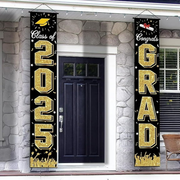 Graduation Decorations 2025, Graduation Banner Class of 2025, Hanging Congratulations/Congrats Grad Banner for Door and Porch, Party Decor - Black
