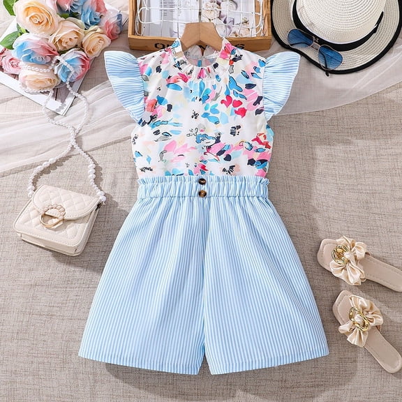 RTKFRFLM Girls 2-Piece Summer Set Fashionable Flutter Sleeve Floral Print Top and Striped Shorts Outfit Trendy Casual Outfits and Playwear for Big Girls and Youth Size Clothing