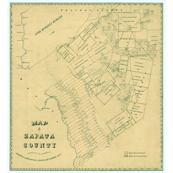 Historic County Map - Zapata County Texas - Langermann 1879 - 23 x 25.13 - Vintage Wall Art