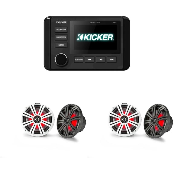 Kicker 46KMC4 Marine Gauge-Style Source & (2 Pair ) 45KM84L 8" Marine LED Speakers bundle