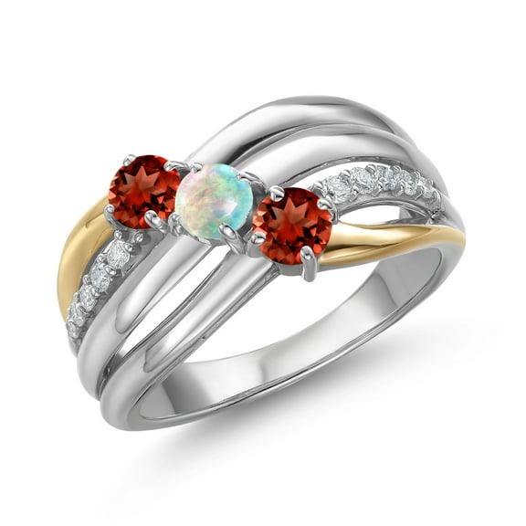 Gem Stone King 925 Silver and 10K Yellow Gold Red Garnet and Simulated White Opal and Lab Grown Diamond Engagement Ring for Women | 1.14 Cttw | Round 4MM | January Birthstone | Size 8