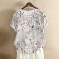 thumbnail image 2 of Ichuanyi Womens Shirts , Women Buttons O-Neck Short Sleeve Floral Print Buttons Cotton Linen Vintage Top, 2 of 3