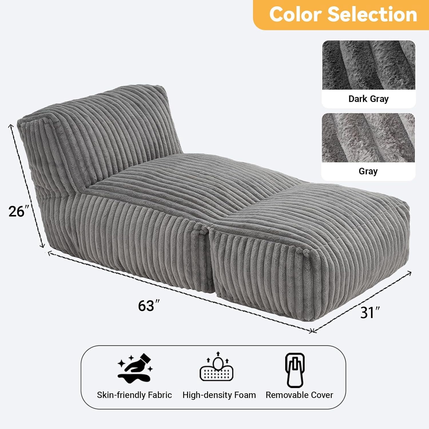 UZUGUL Giant Bean Bag Chair with Memory Foam Filled, Corduroy Lounge Sofa Chair for Bedroom Living Room, Light Grey