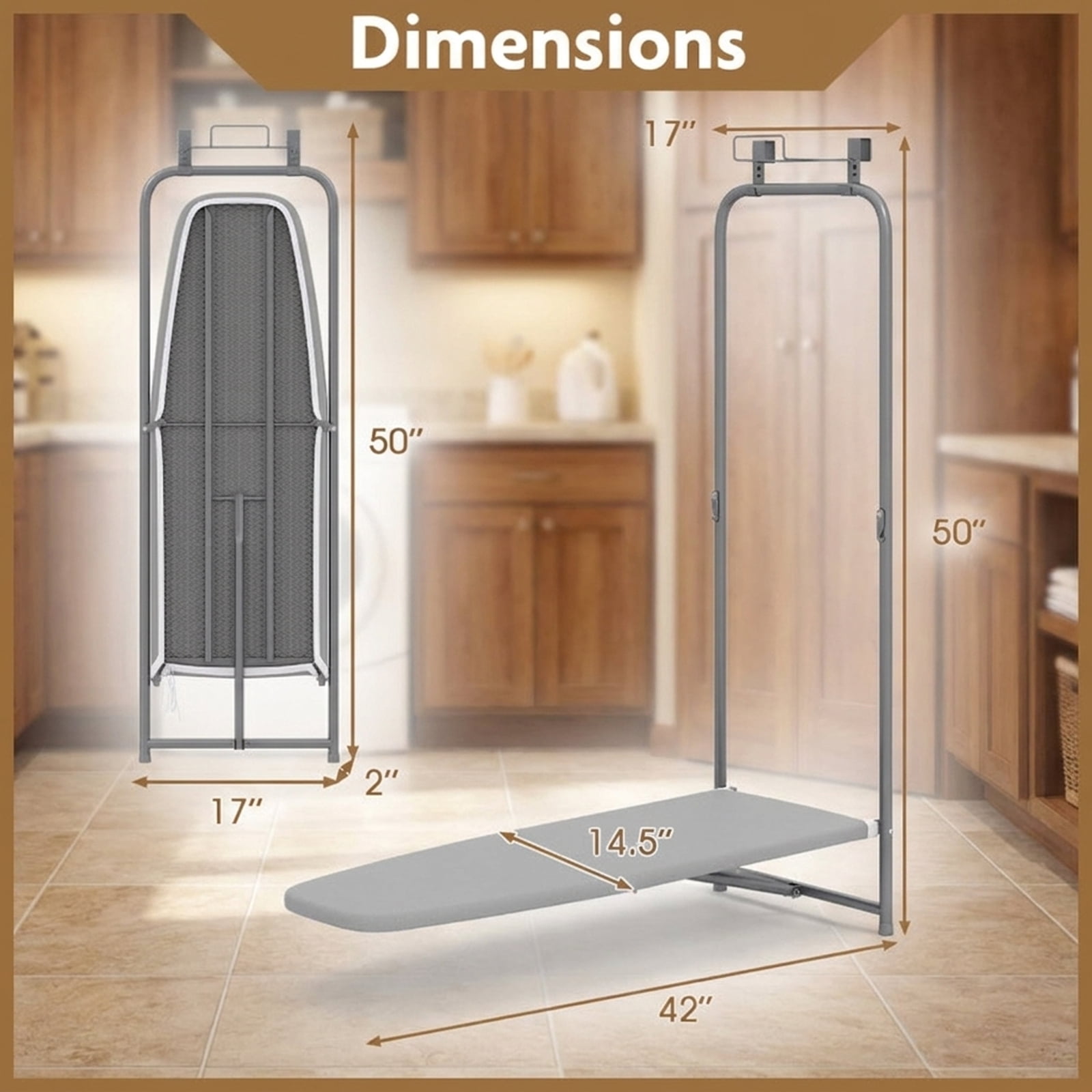 RUIE Over the Door Ironing Board, Space-Saving Foldable Hanging Metal Ironing Board for Small Apartment Dorm Laundry, Gray