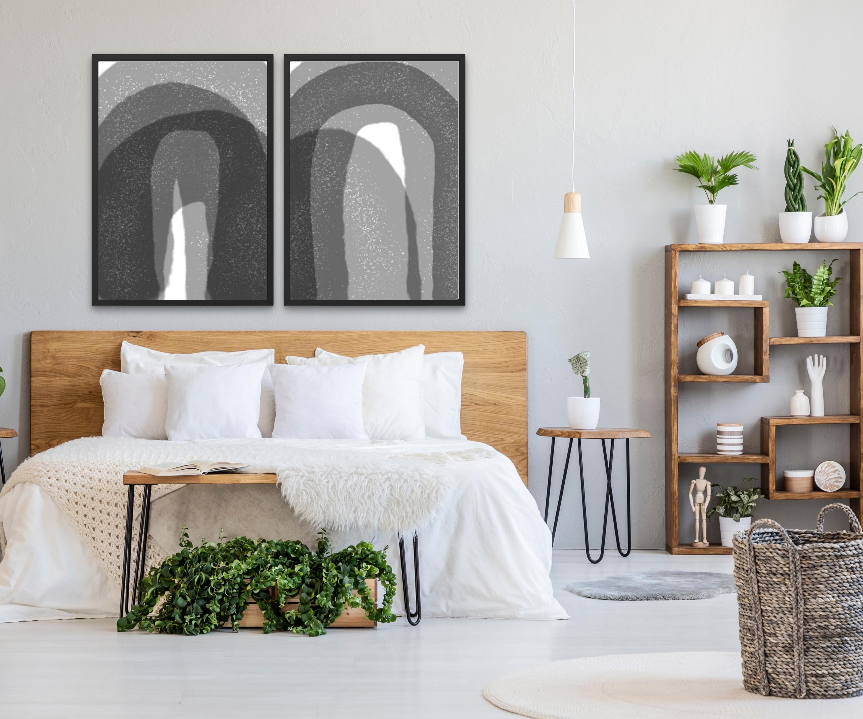 Set Of 2 Black Abstract Art Rainbow Print Large Wall Art Above Bed