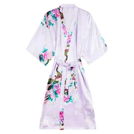 

Panda Superstore PF-HOM3737861-DORIS00993-RP 43 in.-53 in. Japanese Style Satin Kimono Girls Dance Performance Robe Peacock Flower Pajama Set Lilac