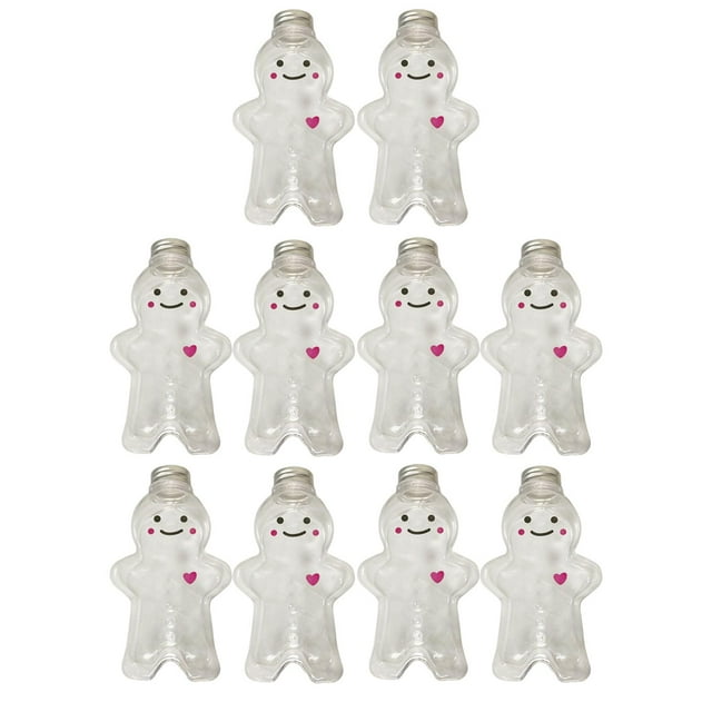 Set of 10 gingerbread man-shaped bottles with a 500ml capacity, made of clear PET material. Each bottle features a festive design with a smiling face and a pink heart detail, suitable for storing juice, smoothies, milk, iced tea, coffee, or water. Compact and lightweight with a leakproof lid, ideal for Christmas party favors or everyday use. Dimensions: 10.4cm x 17.8cm.