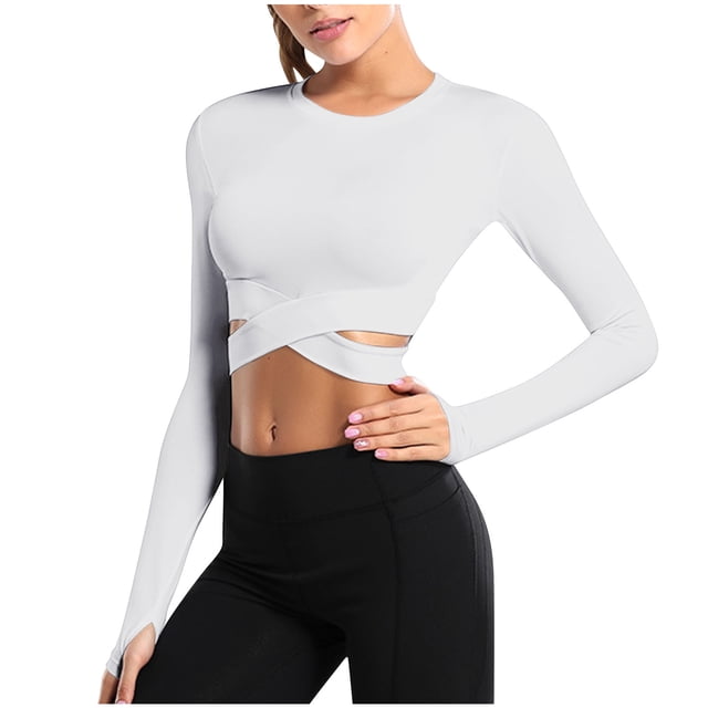 Hauts Courts d'Entraînement pour Femmes à Manches Longues, Col Ras du Cou, T-Shirts Extensibles Ajustés, T-Shirts de Yoga et de Gym, Tuniques Amples, S-61 Blanc G