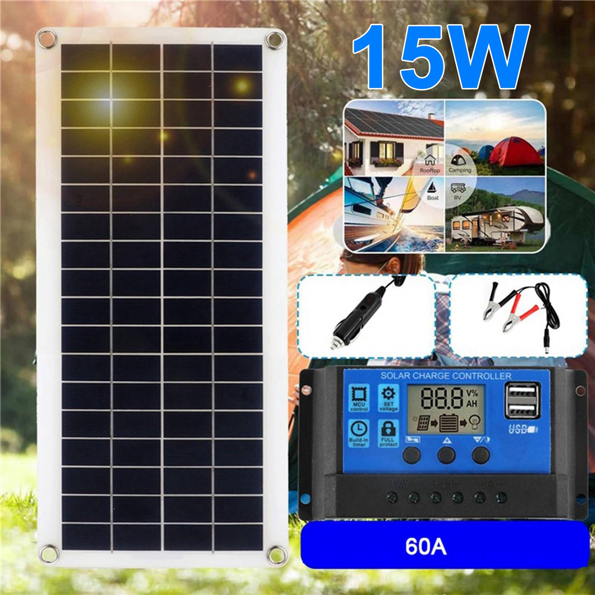 4X 15W Solar Panel 12-18V Solar Cell Solar Panel for Phone RV Car MP3 PAD Charger Outdoor Battery Supply B