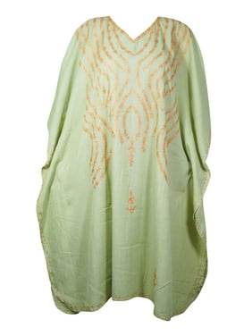 Mogul Women Light Green Floral Embroidery Caftan Dress V-Neck Kimono Resort Wear Mid Length Cover Up Kaftan Dresses 2XL