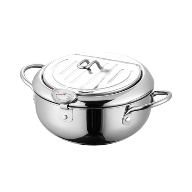 Deep Fryer Pot Japanese Tempura Deep Fryer Stainless Steel Small Frying Pot with Thermometer & Oil Filtration