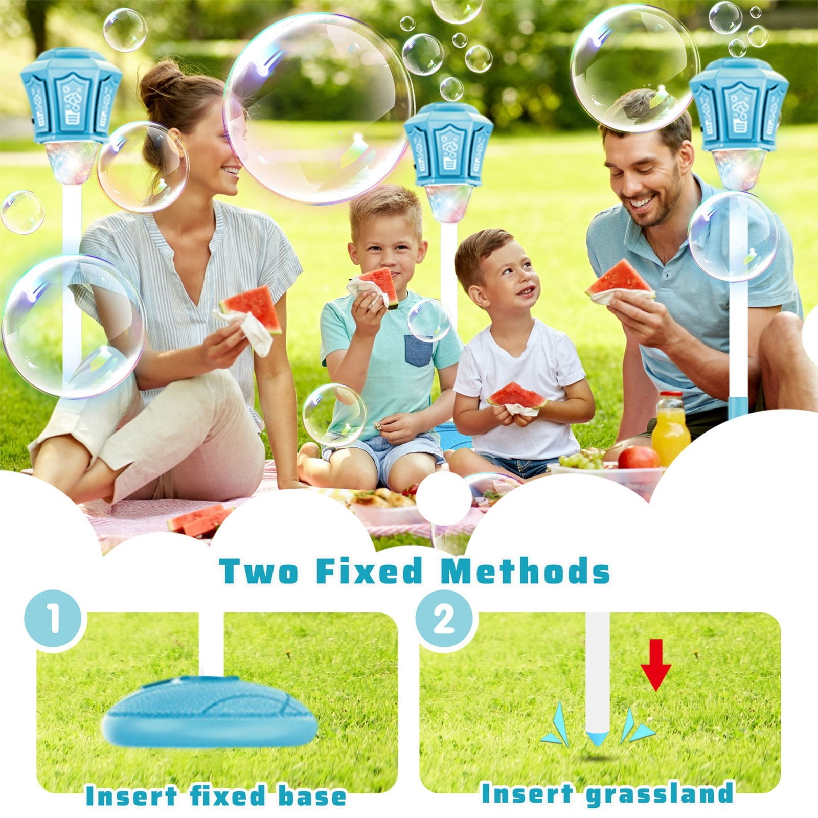 47" Rechargeable Automatic Bubble Maker with Light Music, 3-Level Adjustable Heights, Detachable Bubble Wand for Outdoor Party Wedding