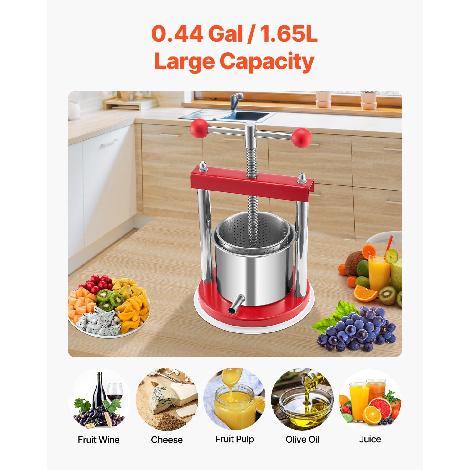 0.44 Gal Fruit Wine Press with 304 Stainless Steel, Manual Juice Maker, 2 Filter Bags, T-Handle, for Apple Grape Olive Oil Pressing