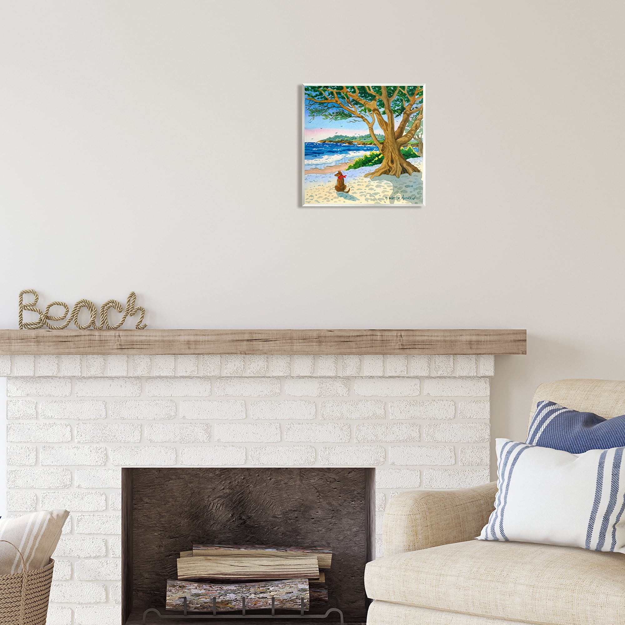 Stupell Industries Dog On Beach Painting Nature Painting Unframed Art Print Wall Art, 12 x 12