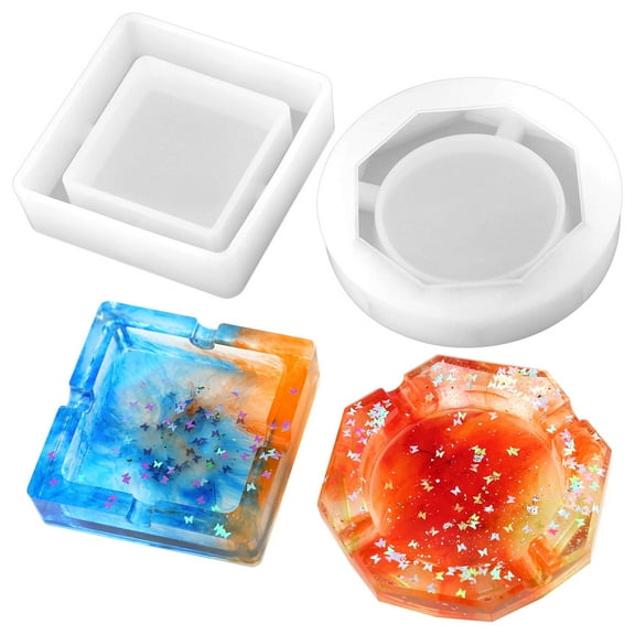 Ksopiavobs 2 Pieces Ashtray Resin Molds, Silicone Resin Mold with Square and Rhombus & Round Shape for Resin Casting, DIY Handcrafts