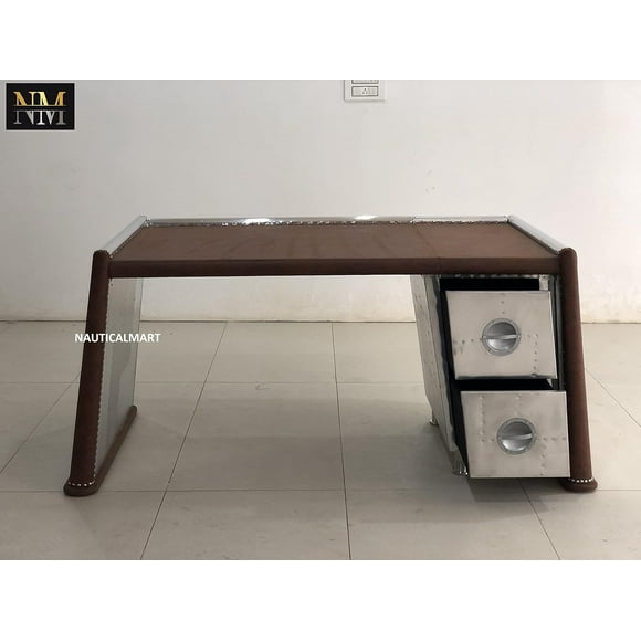Nauticalmart Brancaster Desk, Distress Chocolate Top Grain Leather & Aluminum Table Aviator Furniture Home and Office Decor (62 Inches)