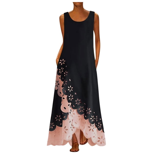 EGNMCR Robes d'Été Femmes Tendance 2024 Femmes Sans Manches Imprimé Col Rond Longue Robe Maxi Robe Chemise de Plage