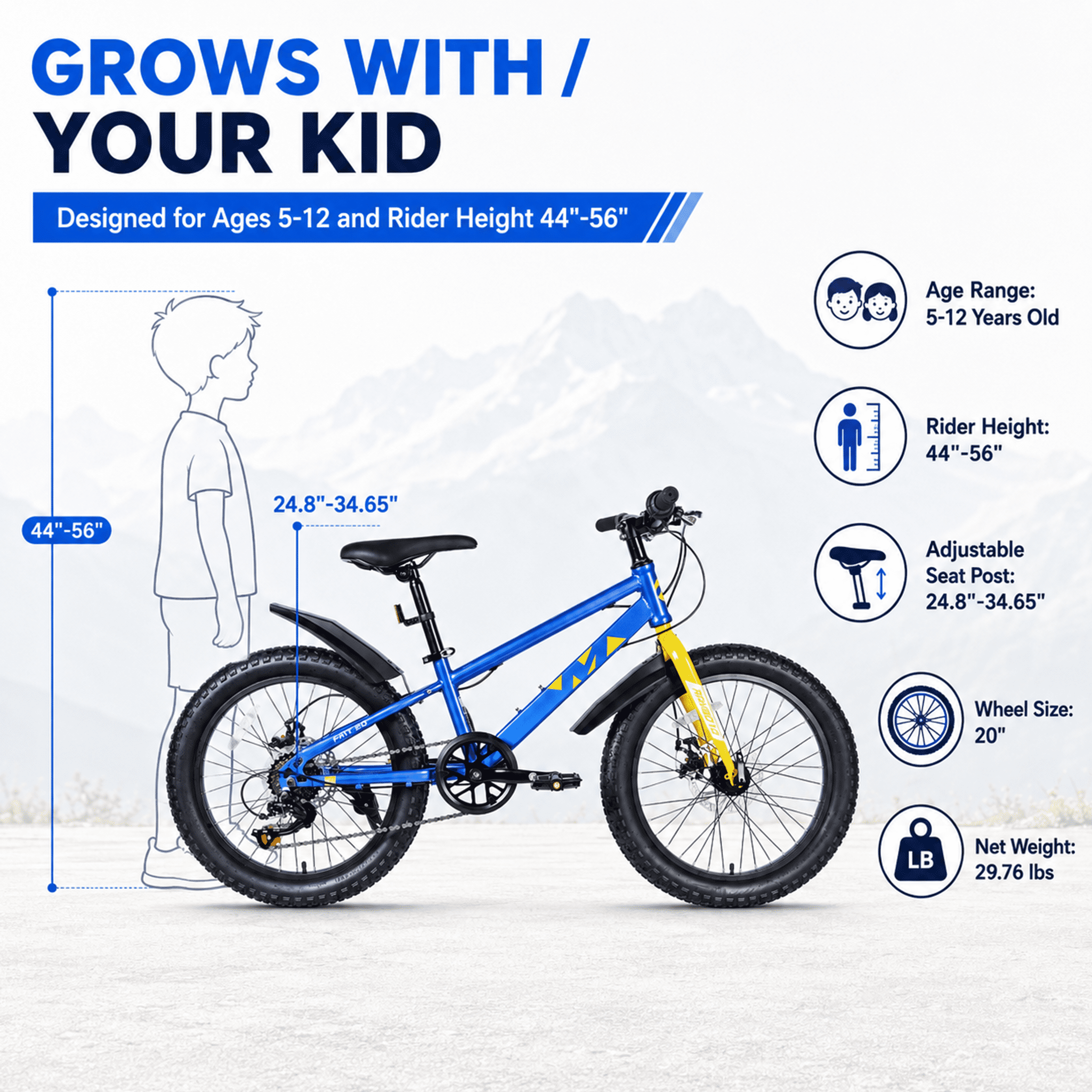 20 Inch Kids Mountain Bike for Boys and Girls Ages 5-12, 7-Speed Fat Tire Bicycle with Dual Disc Brakes and Suspension Fork, Blue Children’s Outdoor Bike for Sand, Snow, and Trail Riding