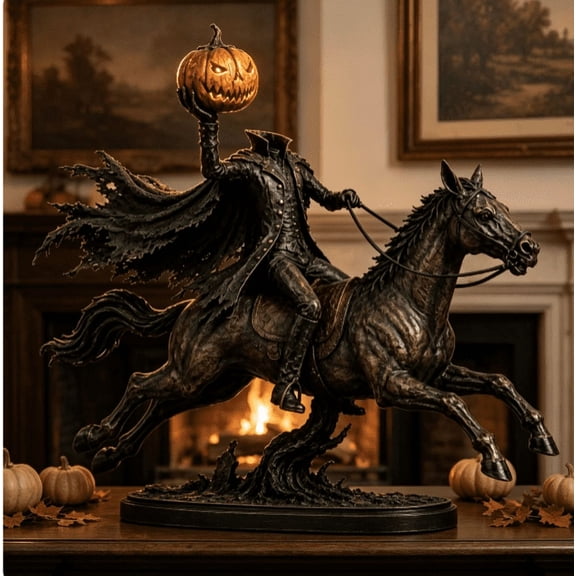 Lighted Headless Horseman Statue, Dark Fantasy Style Halloween Tabletop Sculpture with Warm Pumpkin Amber Lighting