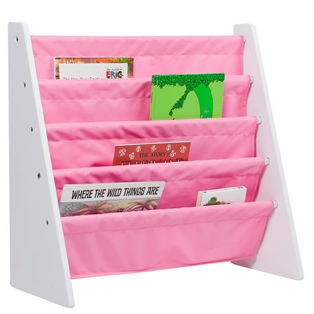 Wildkin Canvas Sling Book Shelf for Boys and Girls, Wooden Design Features Four Shelves - White w/ Pink