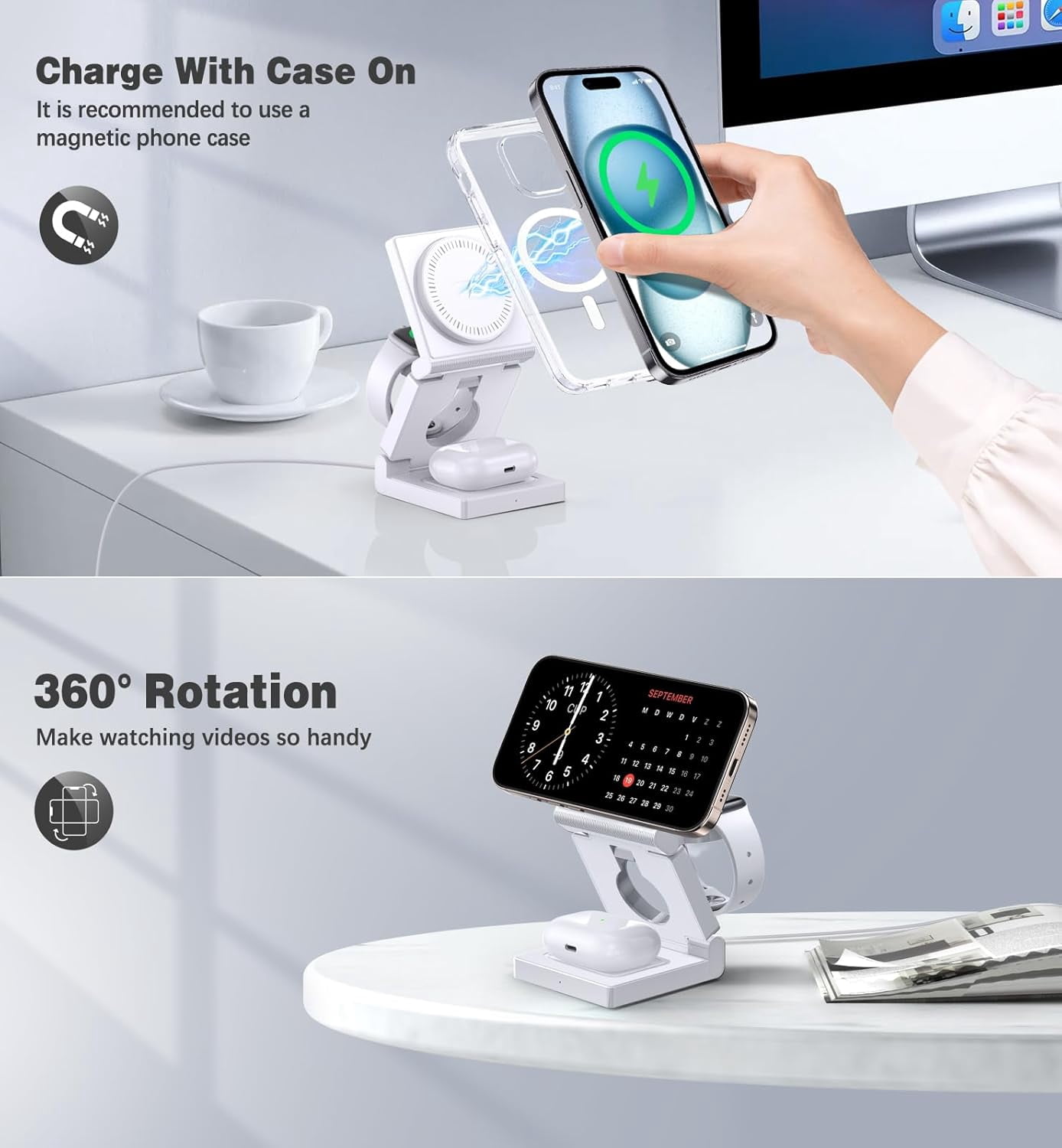 3 in 1 Wireless Charging Station for Apple Multple Devices - Foldable 15W Fast Magnetic Wireless Charger Dock -Travel Charging Pad for iPhone 16 15 14 13 12 Pro/Pro Max/Plus/Watch & All Airpods