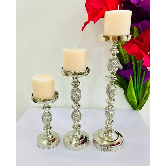 Silver Metal Pillar Candle Holder Country Style Ideal for Weddings or Parties as Well as Home Decor