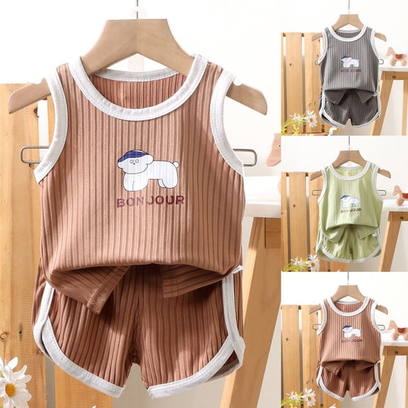 HAOTAGS Boys Outfit Sets, Dog-Print Sleeveless Vest & Elastic-Waist Shorts Set Coffee Size 5
