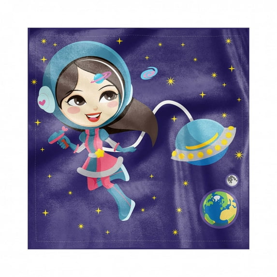 Retro Decorative Napkins Set of 4, Little Girl Exploring Space with Cosmic Fashion Galactic Adventure Kids Cartoon, Silky Satin Fabric for Brunch Dinner Party, 18", Multicolor, by Ambesonne