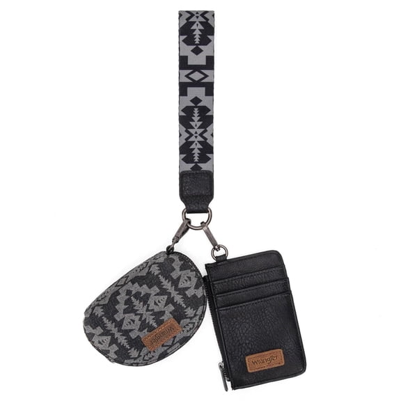 Wrangler Aztec Keychain Wristlet Wallets for Women Western Dual Pouch Wristlet Credit Card Holder Wallet with Zipper Pocket, Retro-Black