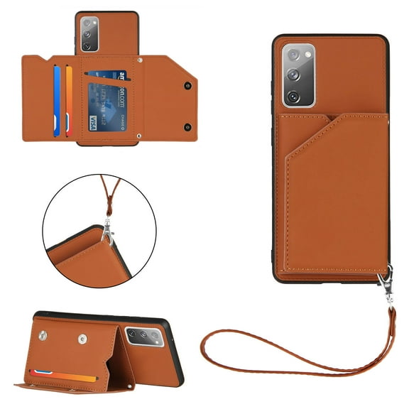 for Samsung Galaxy S20 FE Wallet Case with Card Holder Case with RFID Blocking Card Slots, Double Magnetic Clasp Durable Shockproof Kickstand Detachable Wrist Strap Cover,Brown