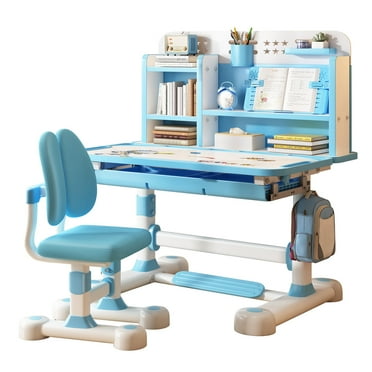 JNXYL Kids Desk and Chair Set, Height Adjustable School Study Table and Chair, Student Writing Desk,Blue