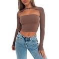 thumbnail image 2 of Womens Slim Crop Tops Solid Color Long Sleeve Hollow Out Clubwear T-shirt, 2 of 5