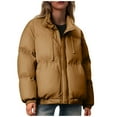 thumbnail image 3 of Women's Zippered Drawstring Stand Collar Parka Jacket Coat with Pockets, Long Sleeve Casual Fashion Outerwear, Thickened Warm Winter Coat for Women | CSEONE,Coffee L, 3 of 8