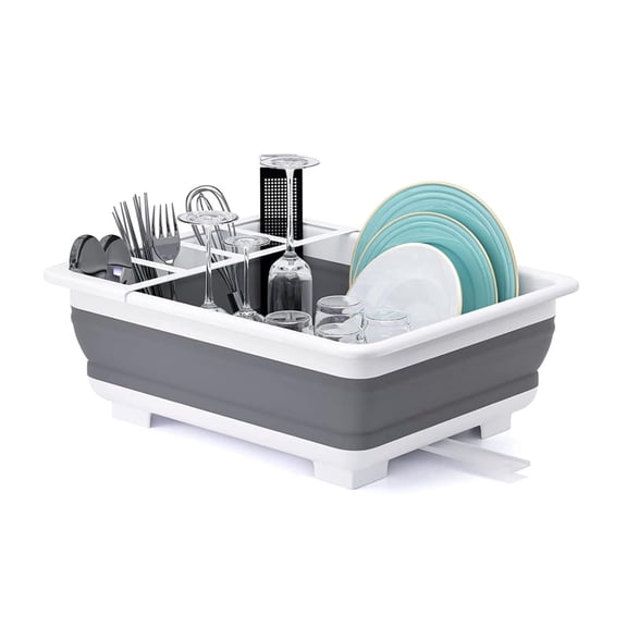 Collapsible Dish Drying Rack, Portable Dish Drainer with Utensil Holder and Drainboard, Foldable Kitchen Sink Organizer for RV, Camper, Camping, Travel Trailer, Gray/White