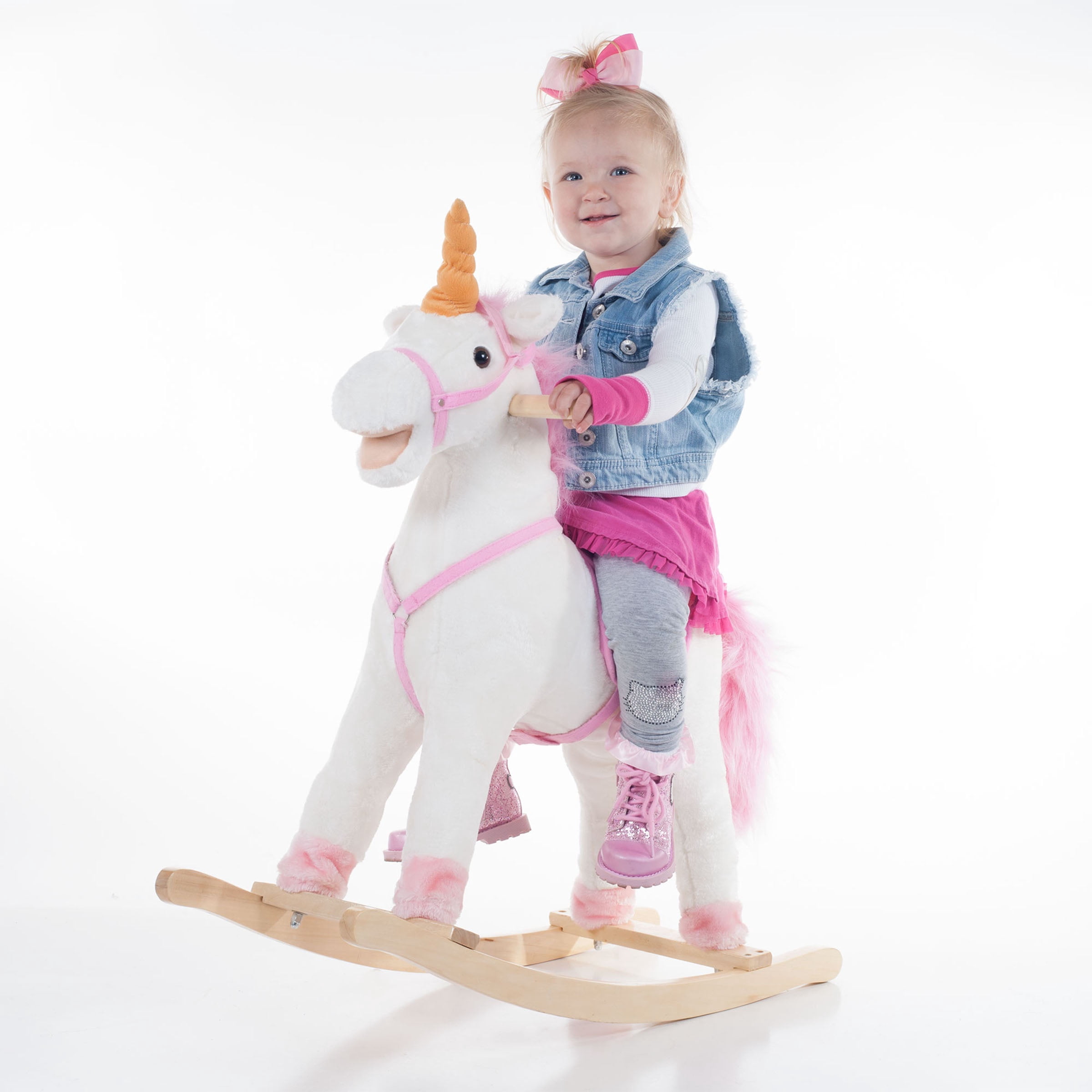 Happy Trails Ride-On Unicorn Rocking Horse with Sturdy Wooden Base for Toddlers Ages 3 and Up, (White)