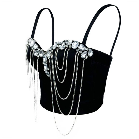Women's Diamond Chain Mesh Bustier Crop Top Push Up Corset Top Bralet with Detachable Strap Black M