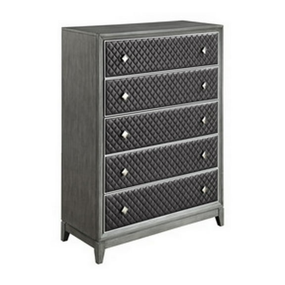 Stacy 55 Inch Tall Dresser Chest, 5 Faux Leather Upholstered Drawers, Gray