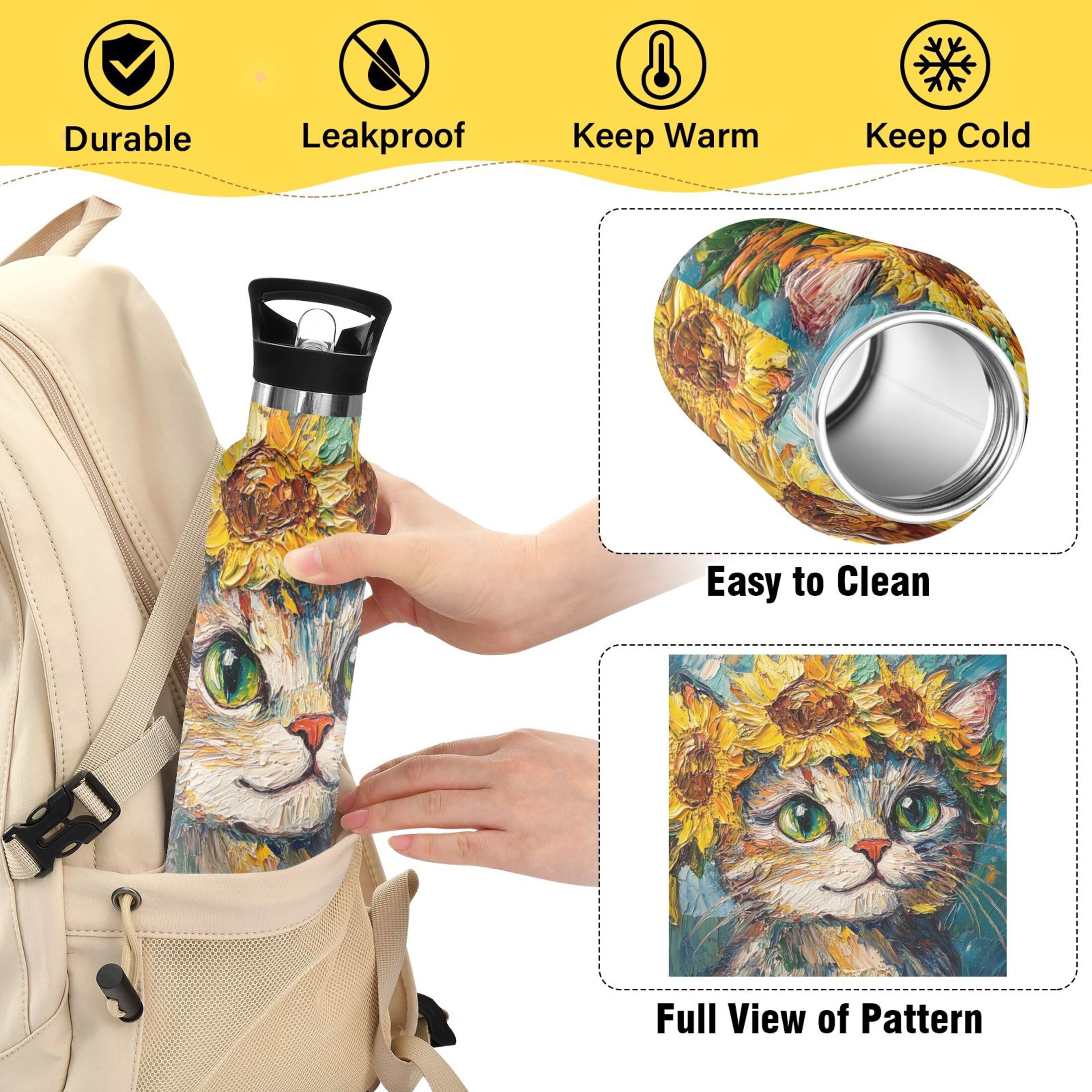 600ML Stainless Steel Insulated Cup Sports Water Bottle Portable Thermos Cup Water Glasses Insulated Tumblers Convenient and Durable Cute Sunflower Cat