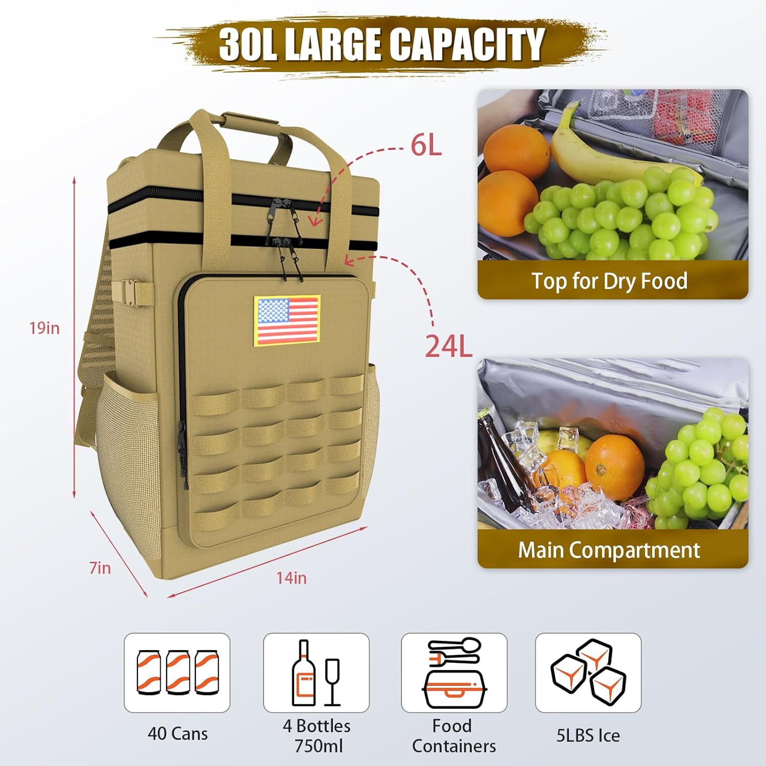 IC ICLOVER Tactical Backpack Cooler 40 Cans Double Deck Waterproof Leakproof Insulated Lunch Box Bag, Sand