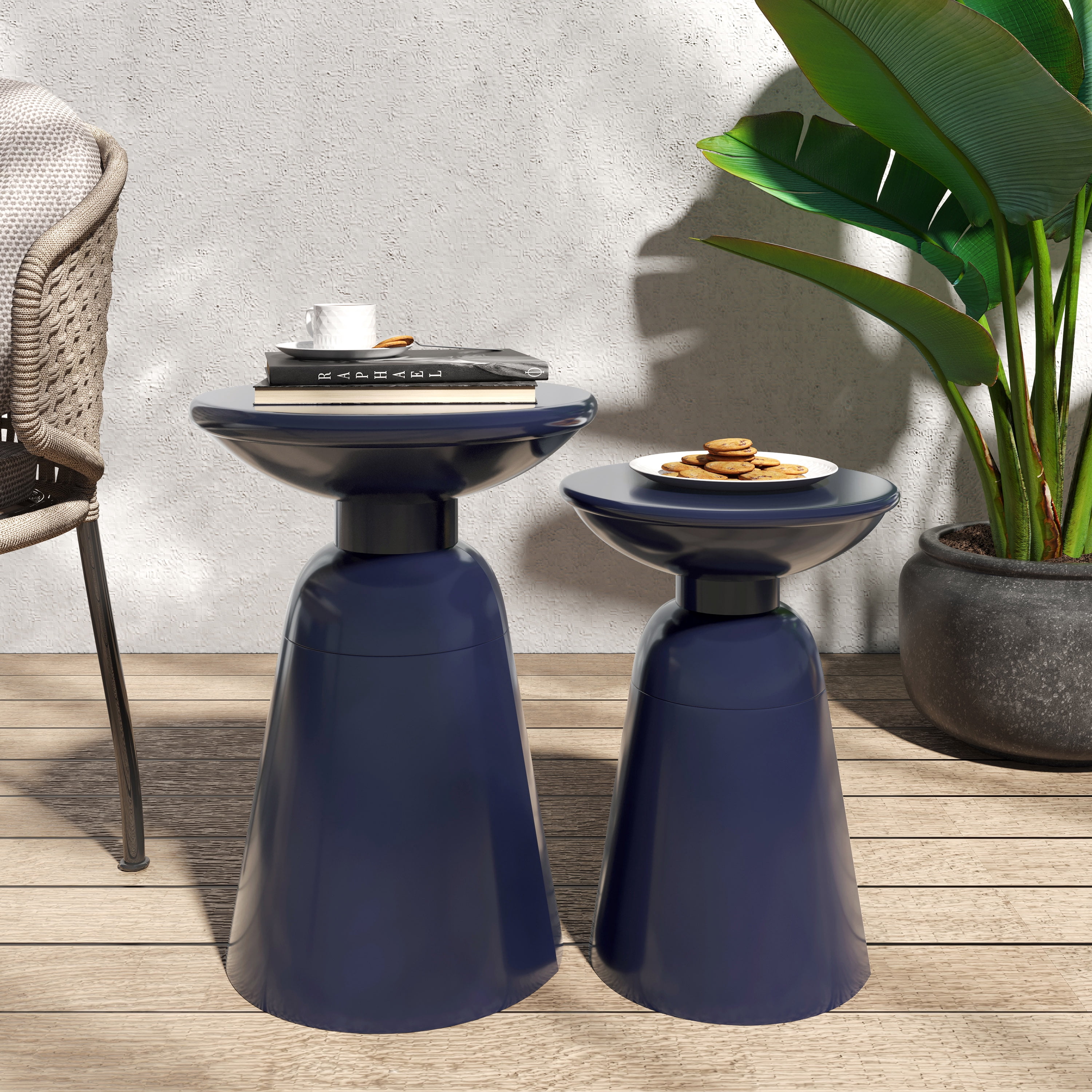 Outdoor Side Table Set of 2, Iron Frame Flared Style Accent Tables for Patio Garden, Navy Blue