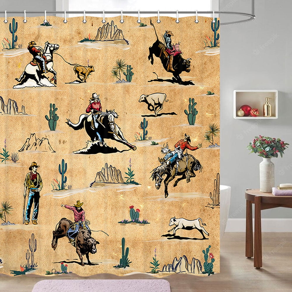 Western Shower Curtain, Farmhouse Country American West Western Shower Curatain, Wild West Cowboy Horse Bathroom Accessories Set with Hooks, 72X78inch, Yellow