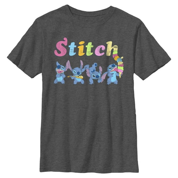 Boy's Lilo & Stitch Colorful Action Poses Stitch  Graphic Tee Charcoal Heather Small