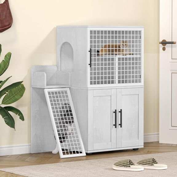 Modern Villa Litter Box Enclosure with Platform – Double Layer Hidden Furniture for Indoor Cats, Washroom Cat House with Ladder, 33.5" L x 17.9" W x 41.9" H, Stylish Enclosed Cat Litter Box