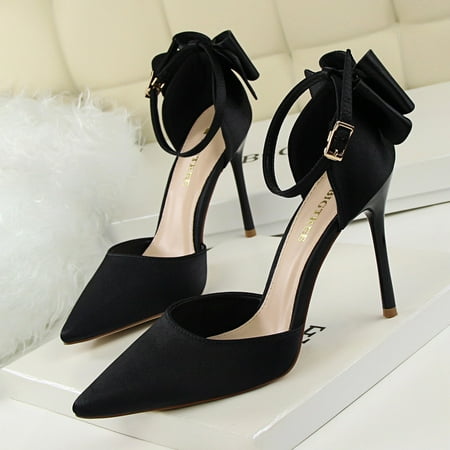 

Women‘s Pointed Toe Back Bowknot High Heels Solid Color Ankle Strap D‘Orsay Stiletto Shoes Valentine‘s Day Heels