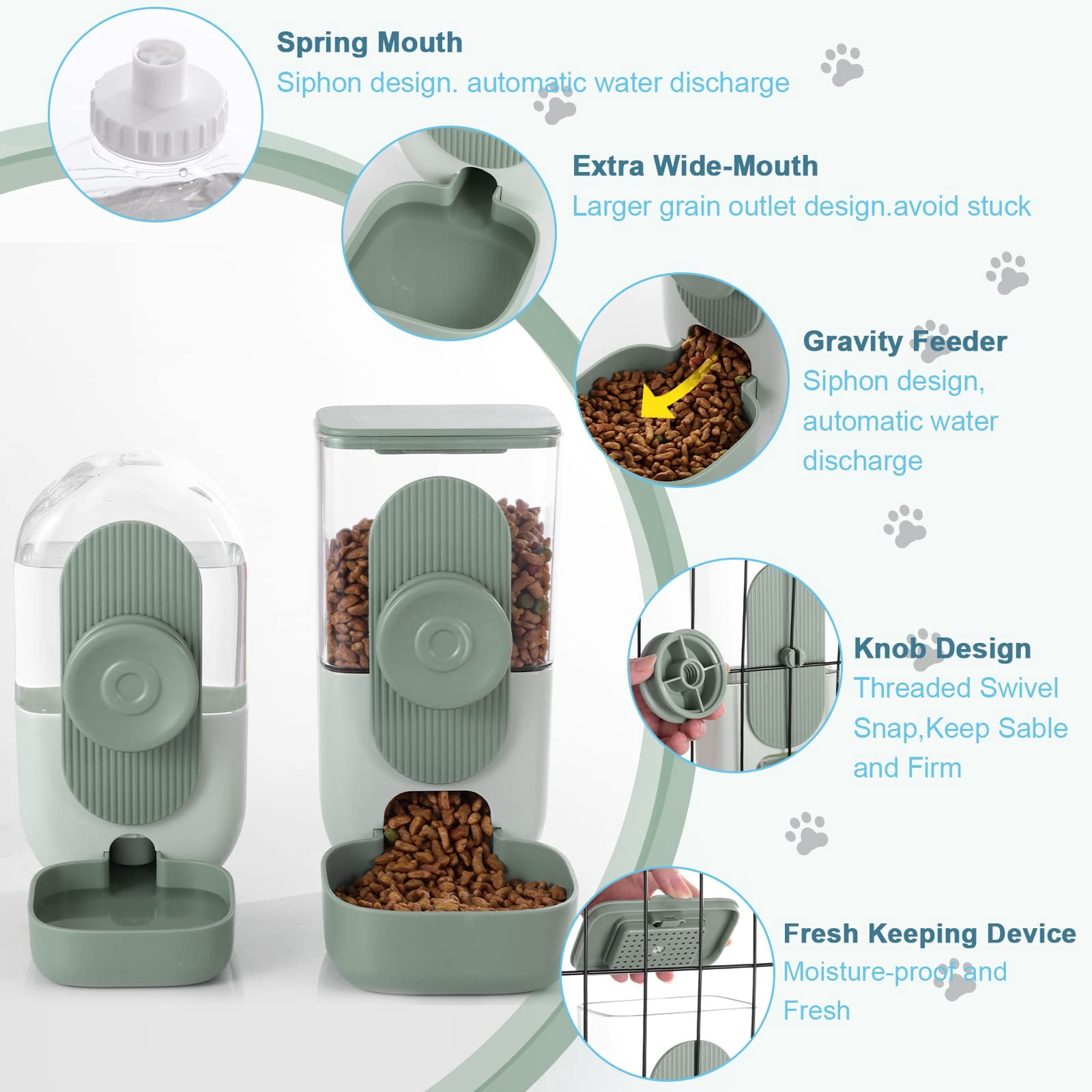 2pcs Hanging Automatic Food Water Dispenser, Gravity Pet Feeder and Waterer Set, Green Cage Food Bowl for Puppy Cat Rabbit Chinchilla Hedgehog
